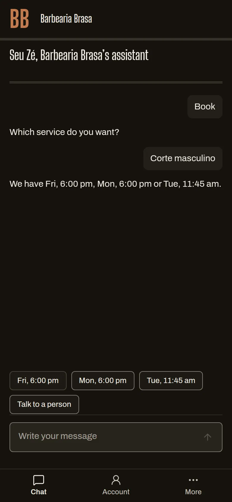 The shop's chat on a phone, with three times offered: Friday 6 pm, Monday 6 pm and Tuesday 11:45 am