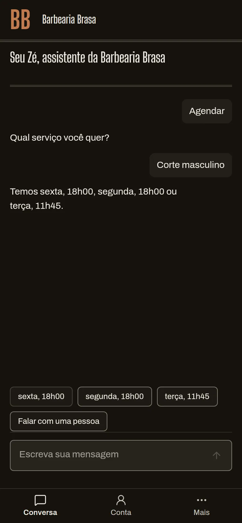 Chat da barbearia no celular, com três horários oferecidos: sexta 18h, segunda 18h e terça 11h45