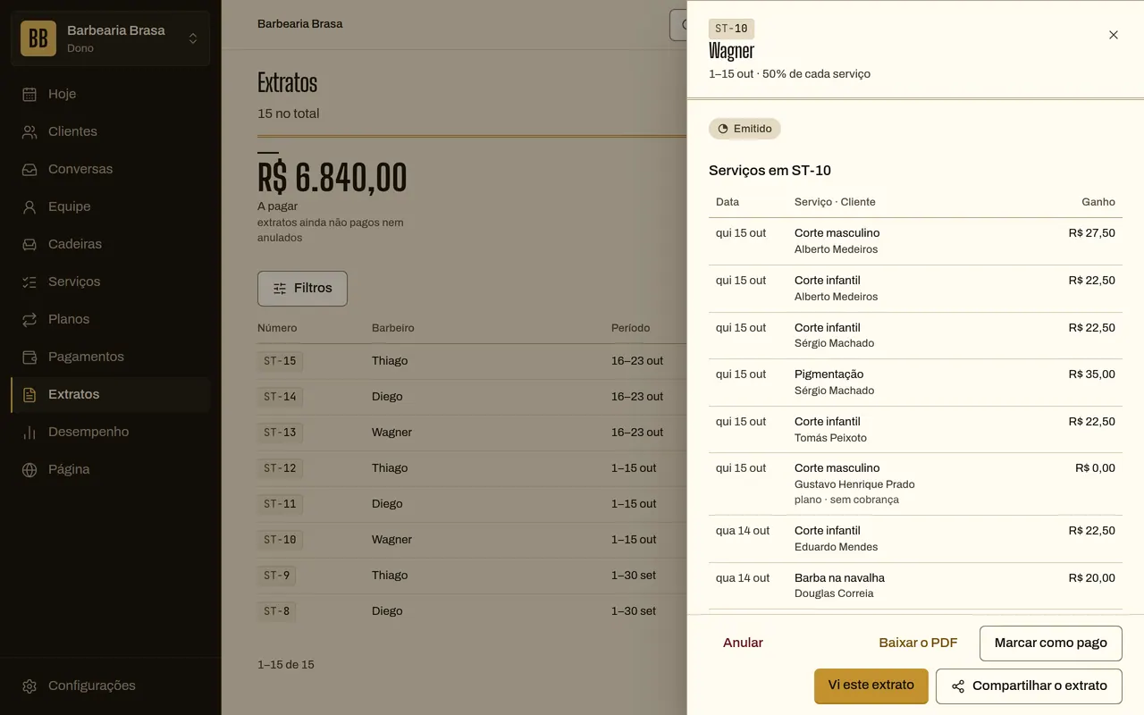 Extrato ST-10 do Wagner, de 1 a 15 de out, com 50% de cada serviço e o ganho de cada atendimento