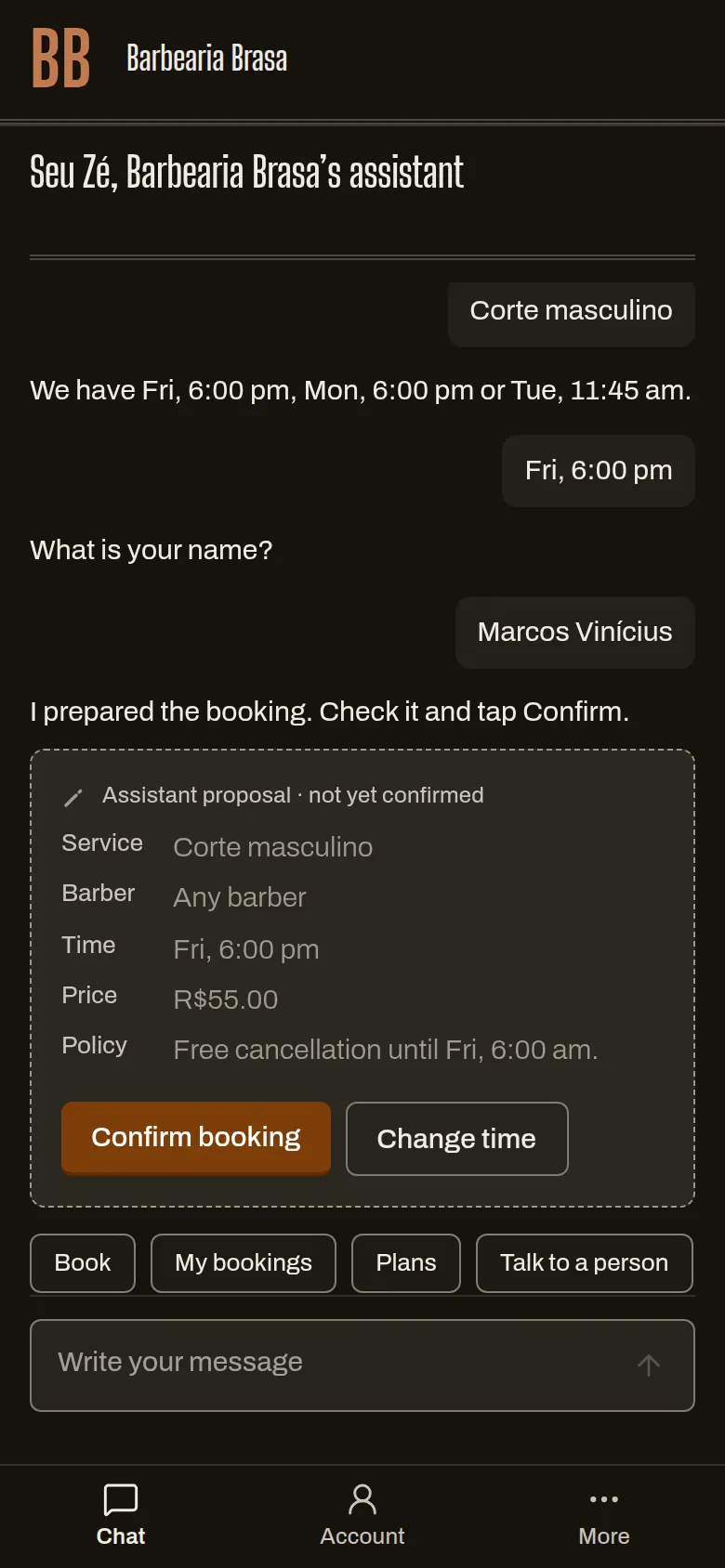 Chat with the shop's assistant: a proposal for a haircut on Friday at 6 pm, not yet confirmed