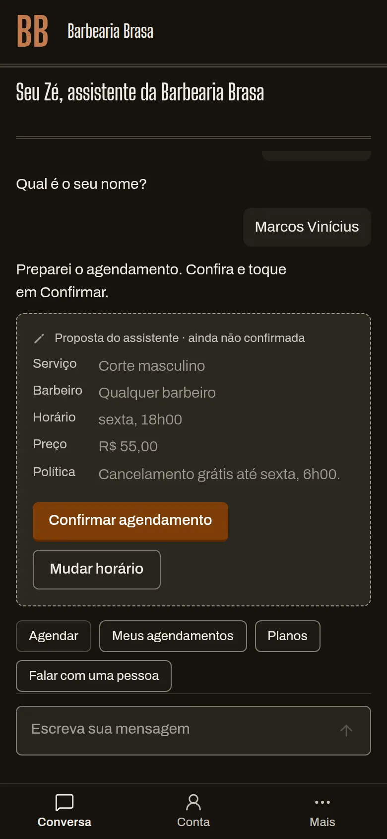 Conversa com o assistente da barbearia: uma proposta de corte masculino na sexta às 18h, ainda não confirmada