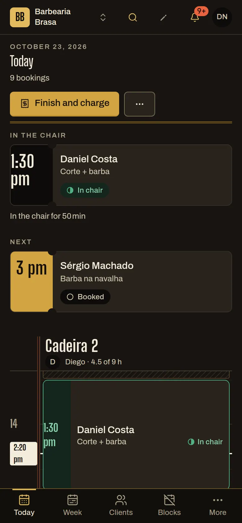Barber Diego's screen with a visit in the chair since 1:30 pm and the next one at 3 pm