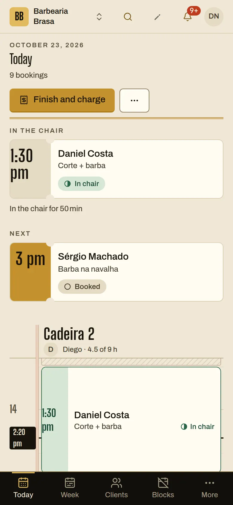 Barber Diego's screen with a visit in the chair since 1:30 pm and the next one at 3 pm