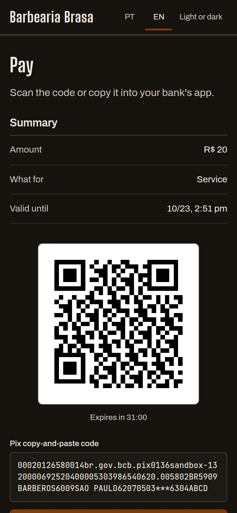 Payment page on a phone with the QR code for a R$ 20 Pix
