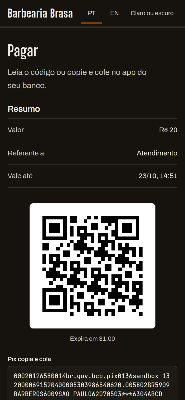 Página de pagamento no celular com o QR code do Pix de R$ 20