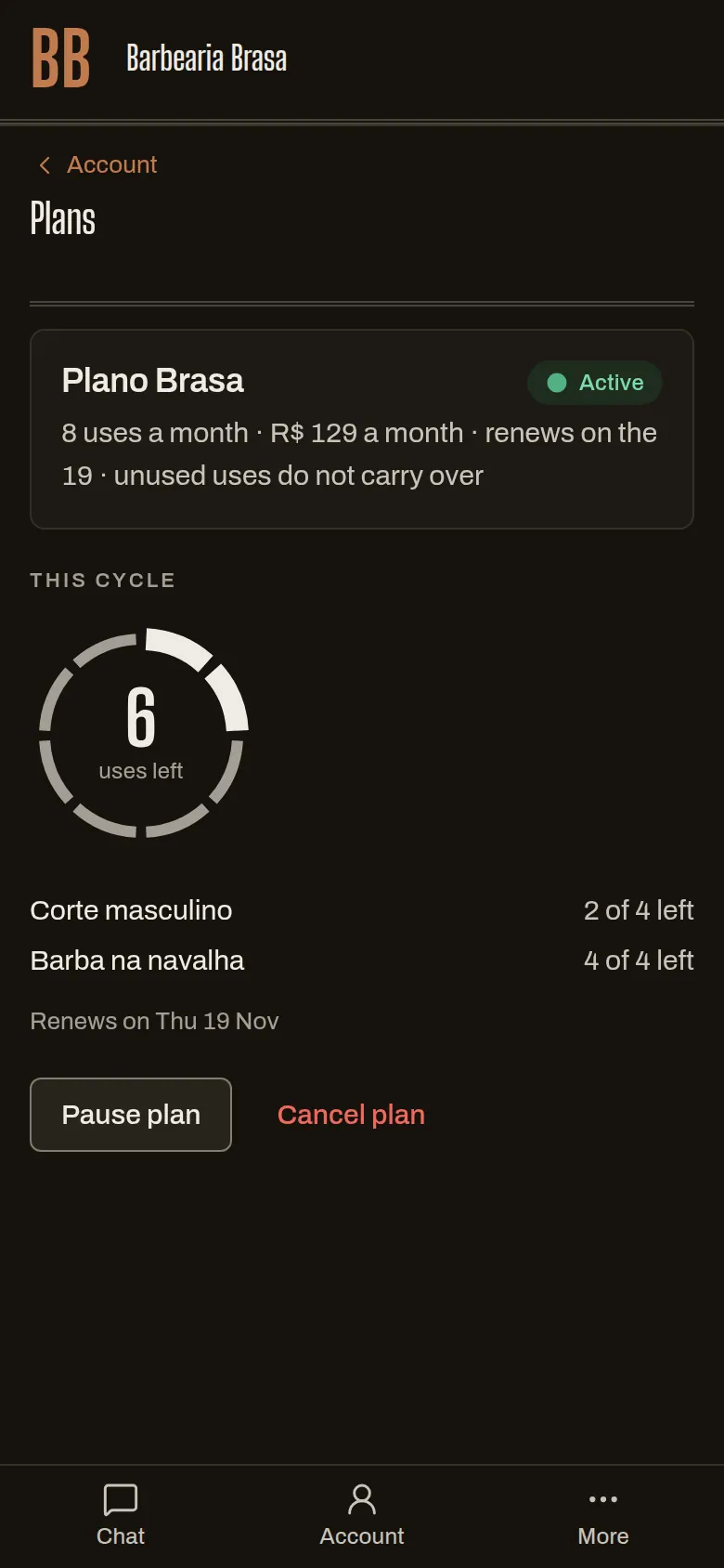 Subscription plan page on a phone: Plano Brasa, R$ 129 a month, 6 uses left