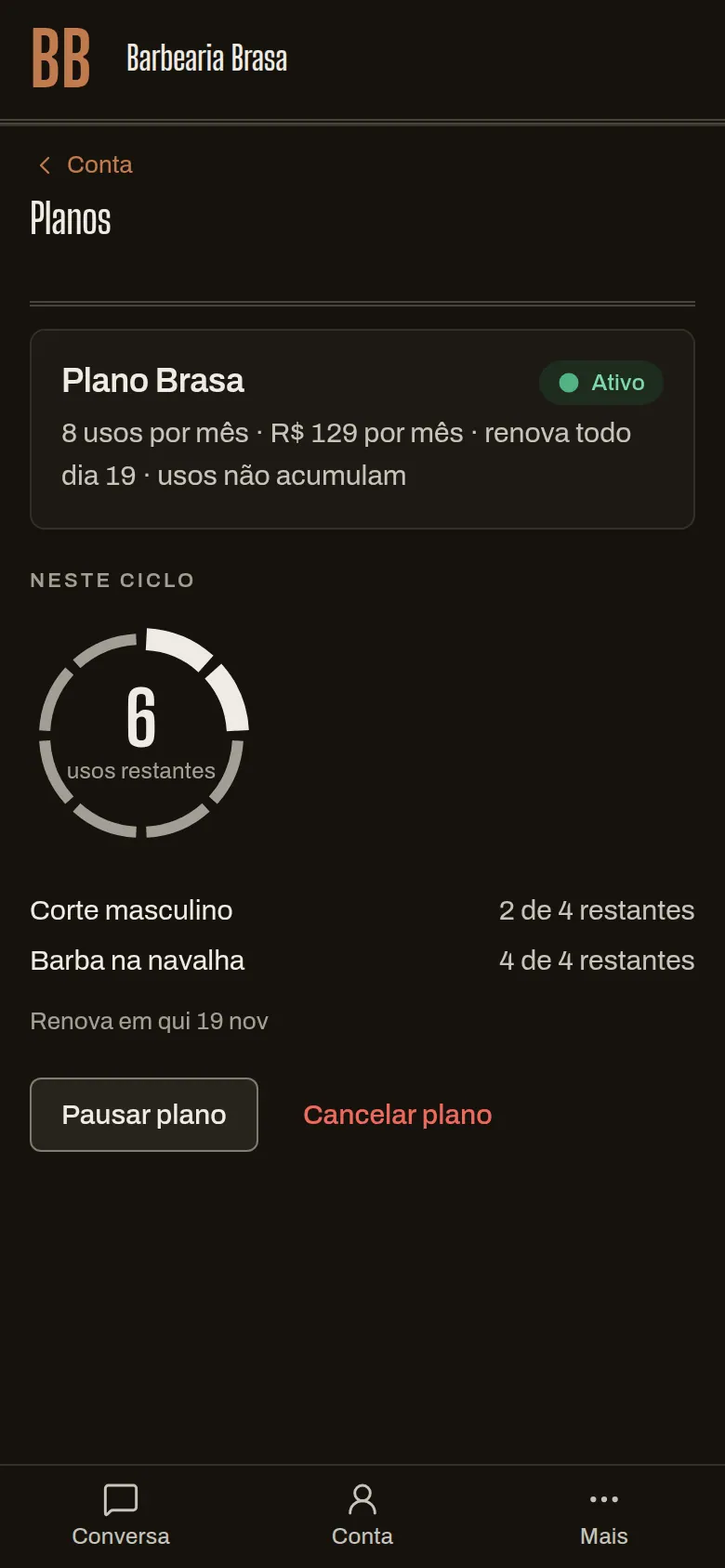 Página do plano de assinatura no celular: Plano Brasa, R$ 129 por mês, 6 usos restantes