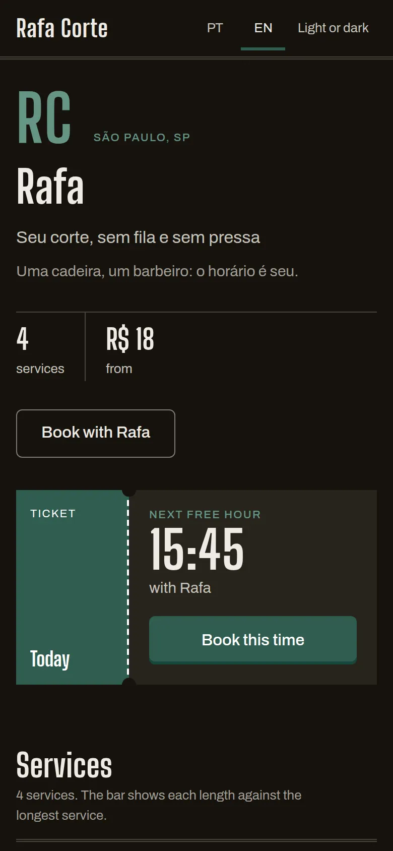 A solo barber's own public page on a phone: Rafa Corte, São Paulo, 4 services from R$ 18 and the next free hour at 15:45