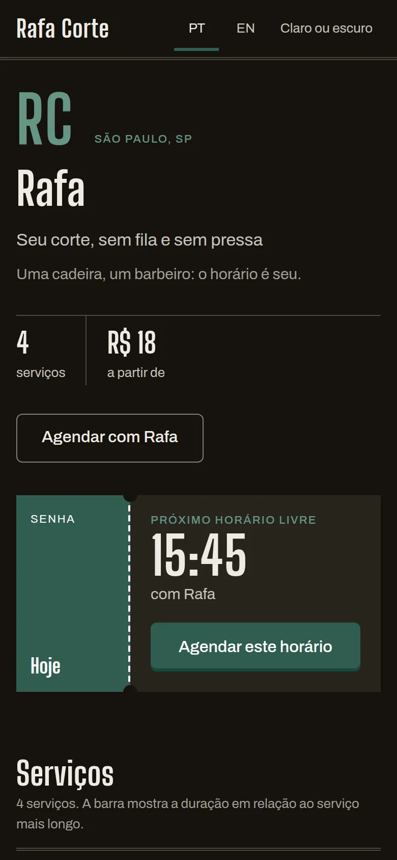 Página pública do barbeiro autônomo Rafa Corte no celular: São Paulo, 4 serviços a partir de R$ 18 e o próximo horário livre às 15:45